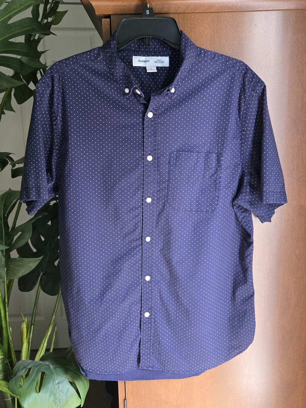Old Navy Men's Dark Navy Short-Sleeve Button-Down with Microdot Print